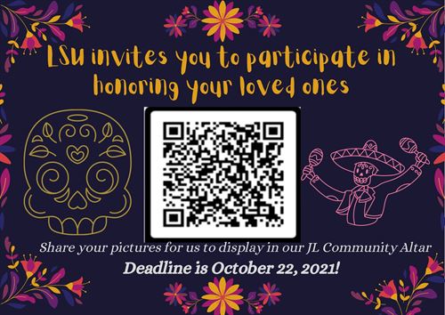 This is a QR code for an invitation to participate in the community altar at the dia de los muertos festival. If you cannot access this QR code, please send your pictures to huertaj@esuhsd.org with the subject Dia de los Muertos Community Altar.