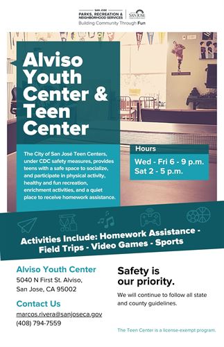 This is a flyer advertising the Alviso Youth Center. For more information, please call 408-794-7559.