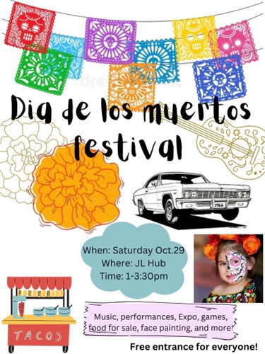 When: Saturday October 29 Where: James Lick Hub Time: 1-3:30pm TACOS Music, performances, Expo, games, food for sale, face painting, and more! Free entrance for everyone!